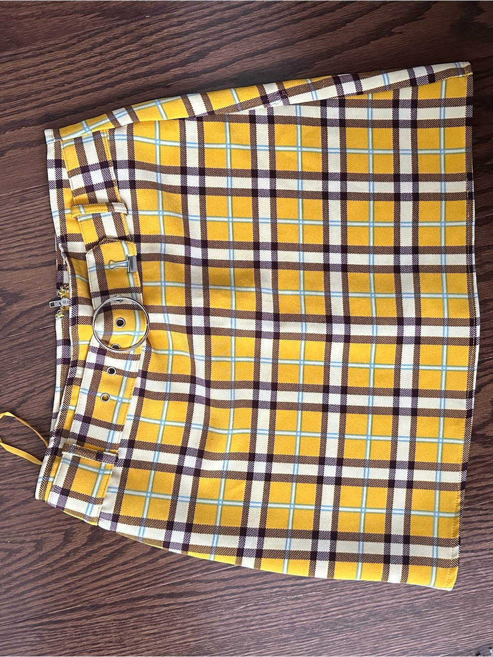 Yellow Plaid Skirt with Belt Detail